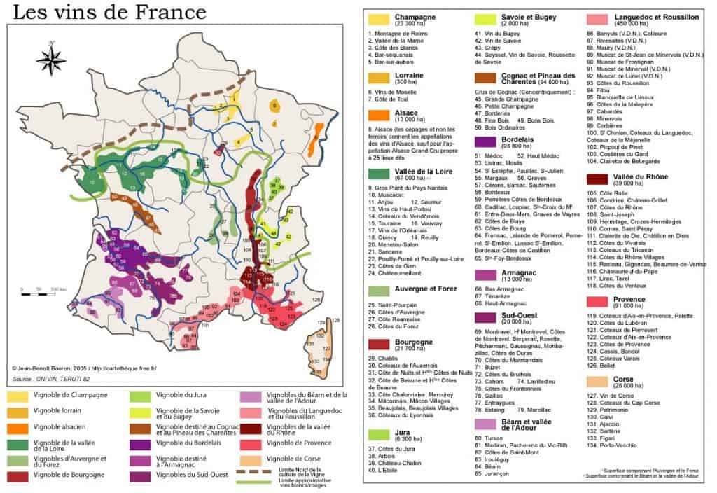 Mapa de las zonas vinícolas de Francia